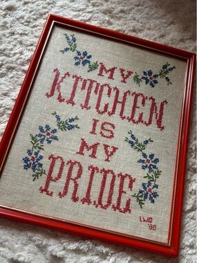 Handmade Cross Stitch Floral Sampler in Red Heart and Blue